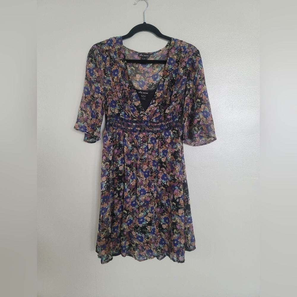 Ella Moss Dress M Navy Blue Silk 100% Floral Babydoll Y2K 90s Fairy Grunge - Picture 4 of 7